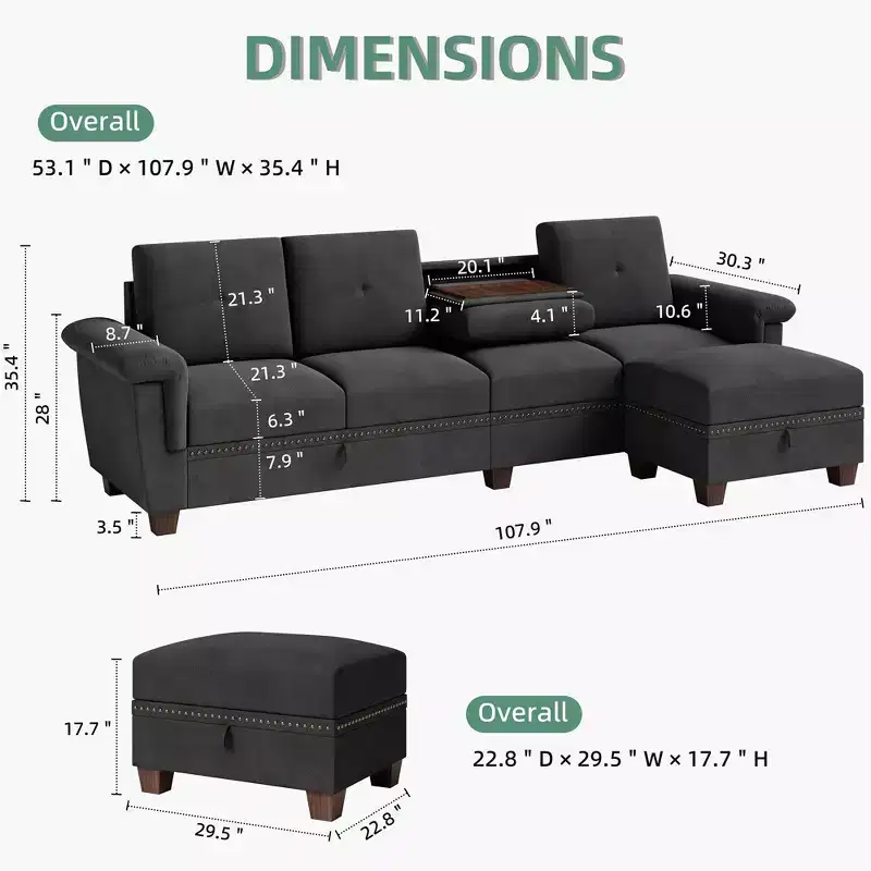 Celebalcony Sectional Couch, Convertible L Shaped Couch with Storage,Sectional Sofa with Storage Ottoman for Living Room, Apartment, Office