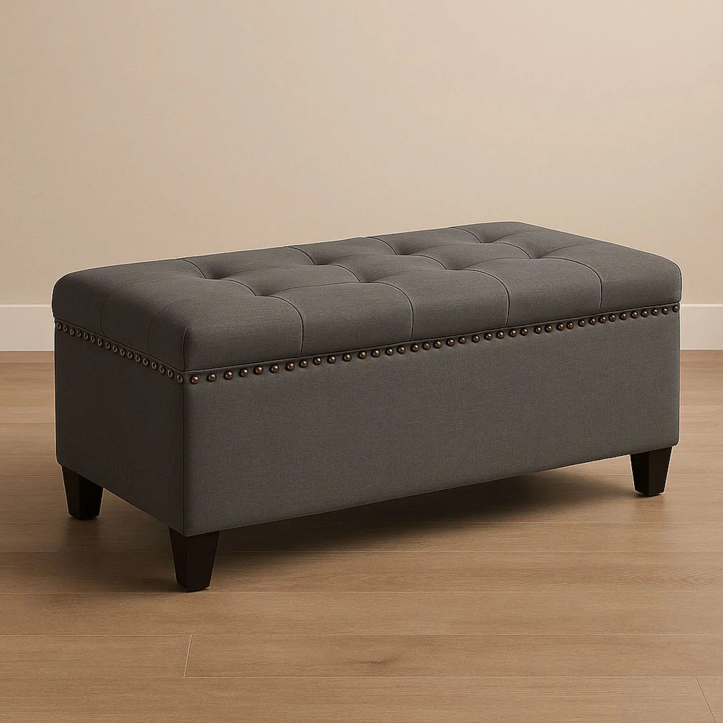 Banc de rangement rectangulaire tissu polyester pieds en bois Gris 102x42x43 cm