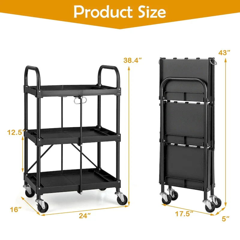 Folding Collapsible Service Cart Heavy-Duty 3-Shelf Tool Cart - 24 x 17 x 38 (L x W x H)