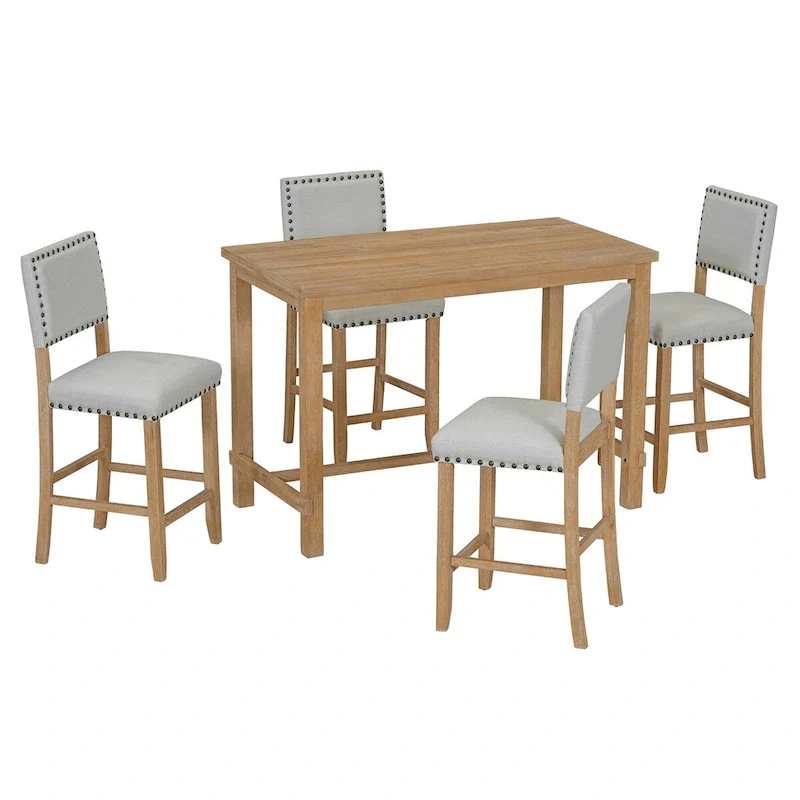 5-Piece Counter Height Dining Set, Classic Elegant Table and 4 Chairs in Natural Wood Wash