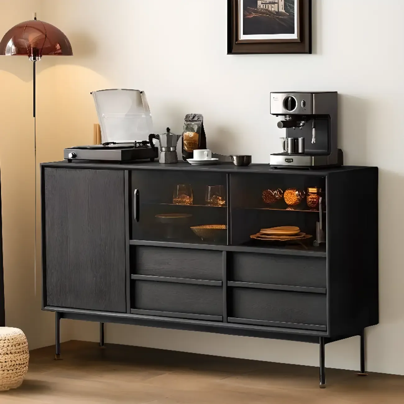 Sliding Door 4 Drawers Wood Black Sideboard Cabinet with Light