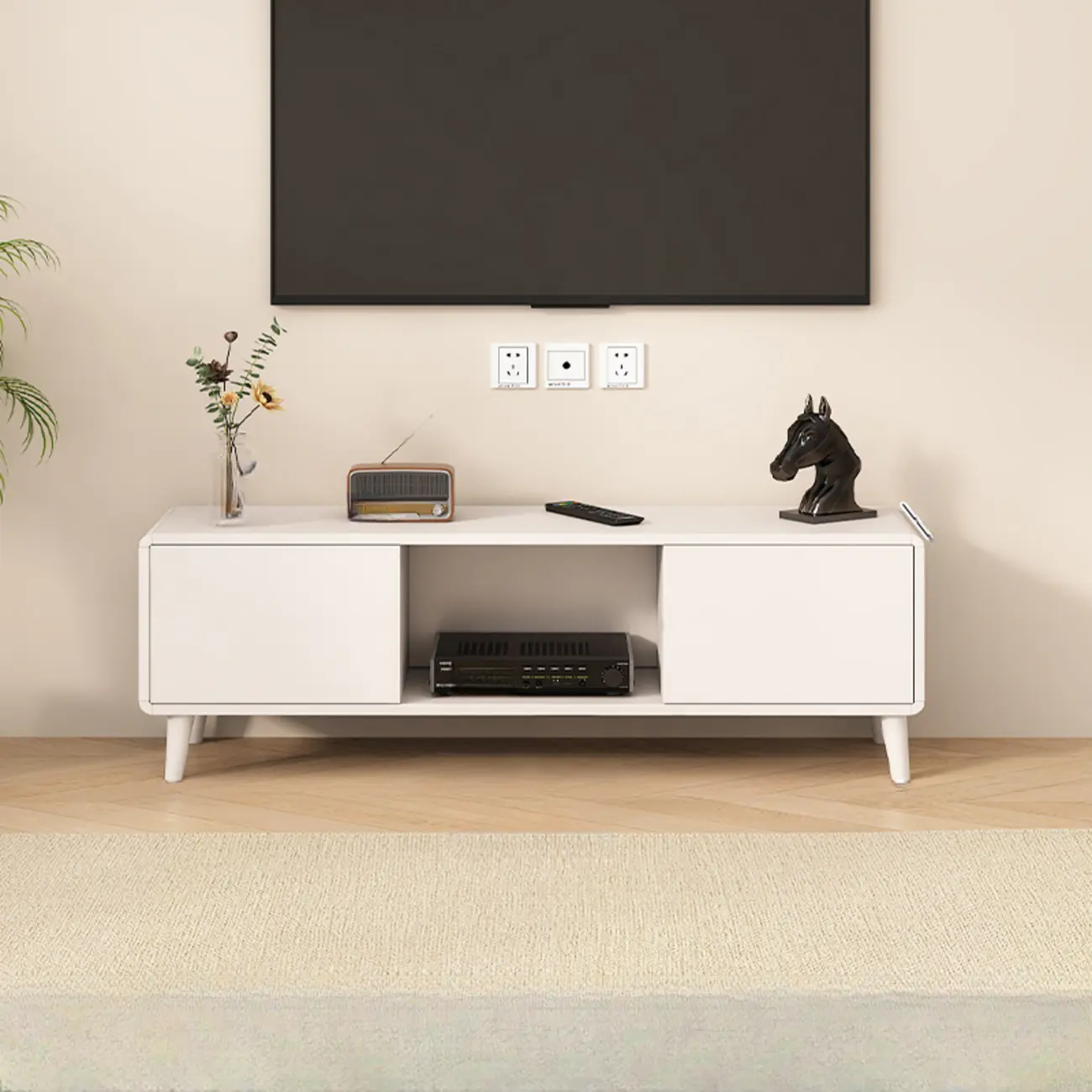 White Wooden Modern TV Stand with Drawers & Cabinets