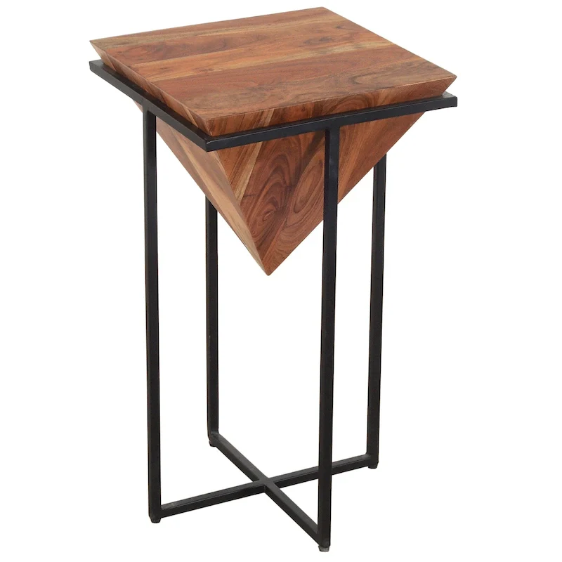26 Inch Pyramid Shape Acacia Wood Side Table With Cross Iron Base, Brown and Black