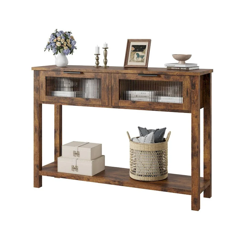 Wood Entryway Table, Console Table with 2 Glass Drawers