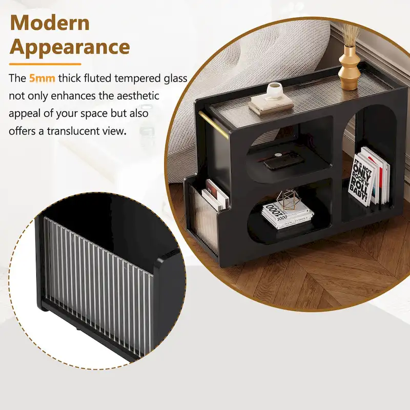31.5 Modern Mobile End Table with 5mm Thick Fluted Tempered Glass, Lockable Wheels and Golden Round Rod