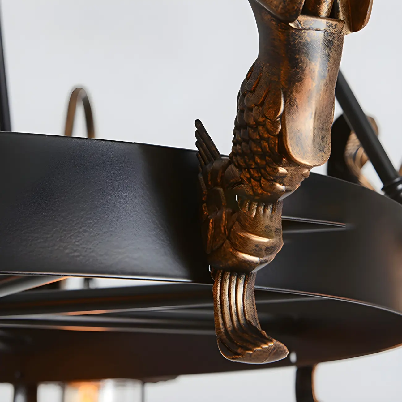 Industrial Black Metal Lantern Wheel Chandelier