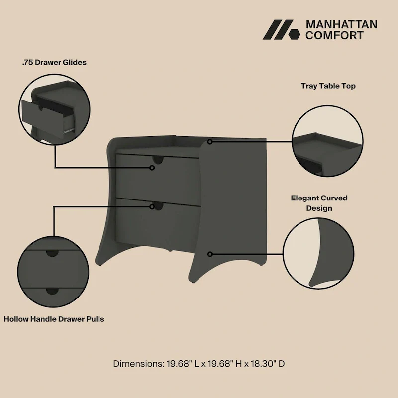Mid-Century Modern 2-Drawer Nightstand, MDF, Curved Legs, 19.68