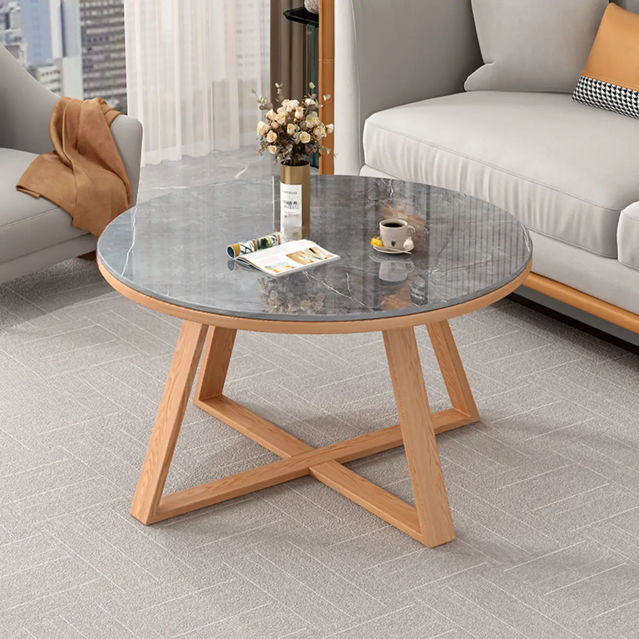 Modern Marble Round 2 Nesting Coffee Table Set with Wood Base