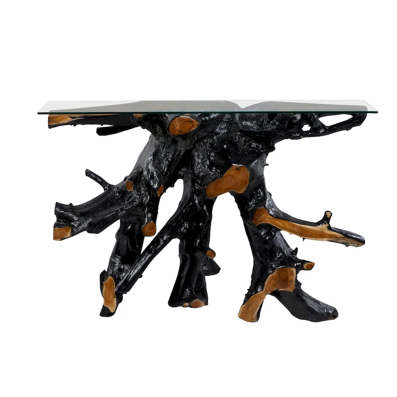Teak Wood Live Edge Tree Stump Console Table with Clear Glass Top - Black - Roche River Decor - 16W x 49L x 32H