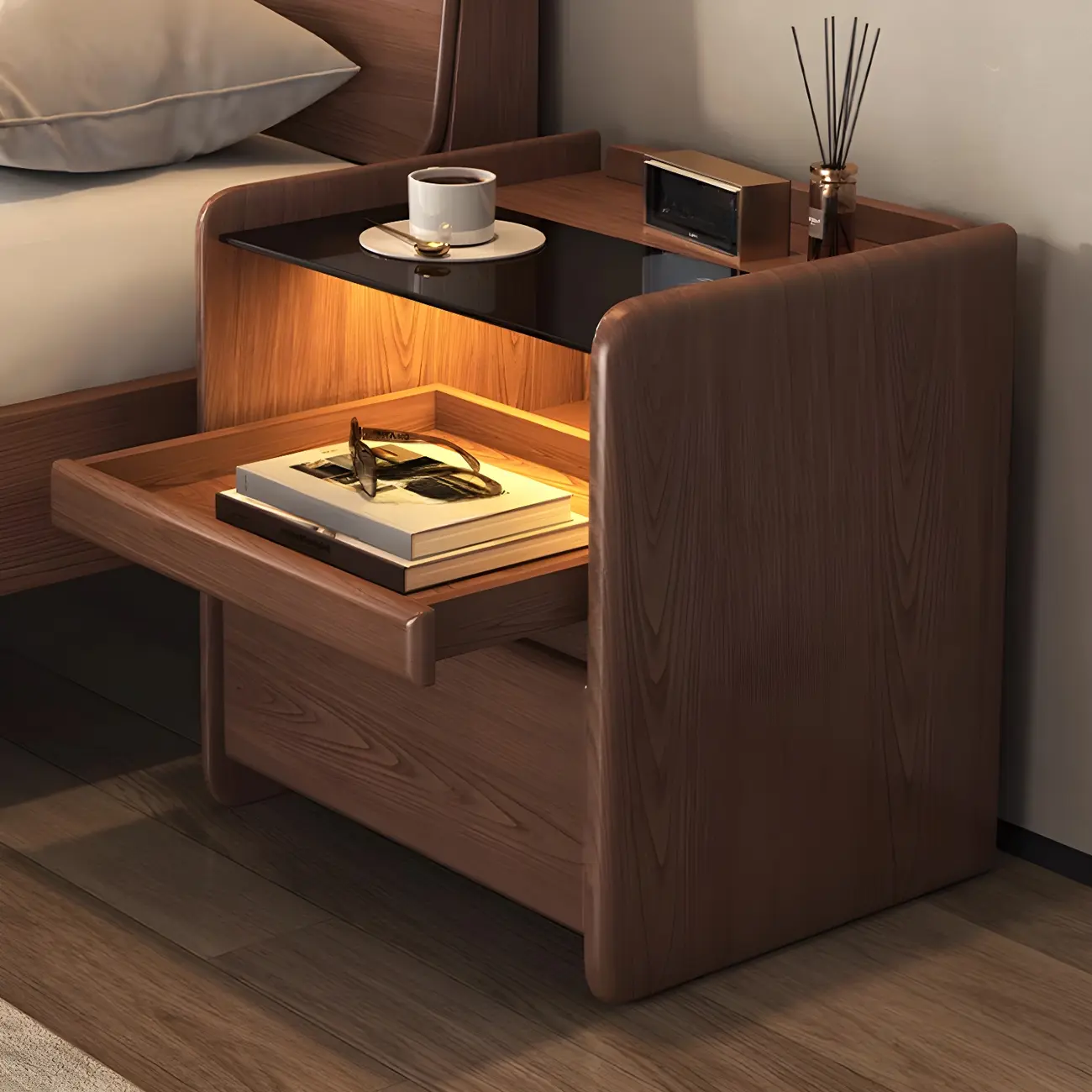 Nut-Brown Wood Glass Top Drawer Nightstand with Light