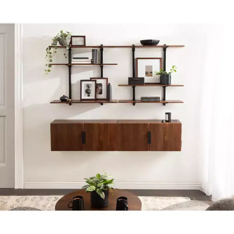 Kate and Laurel Atwood Wall Shelf, Black and Walnut Brown, 32x10x30