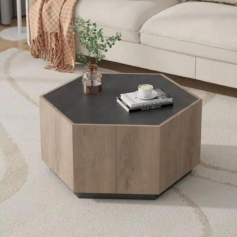 Hexagonal Coffee Table, Scratch Resistant Center Table with Drawers