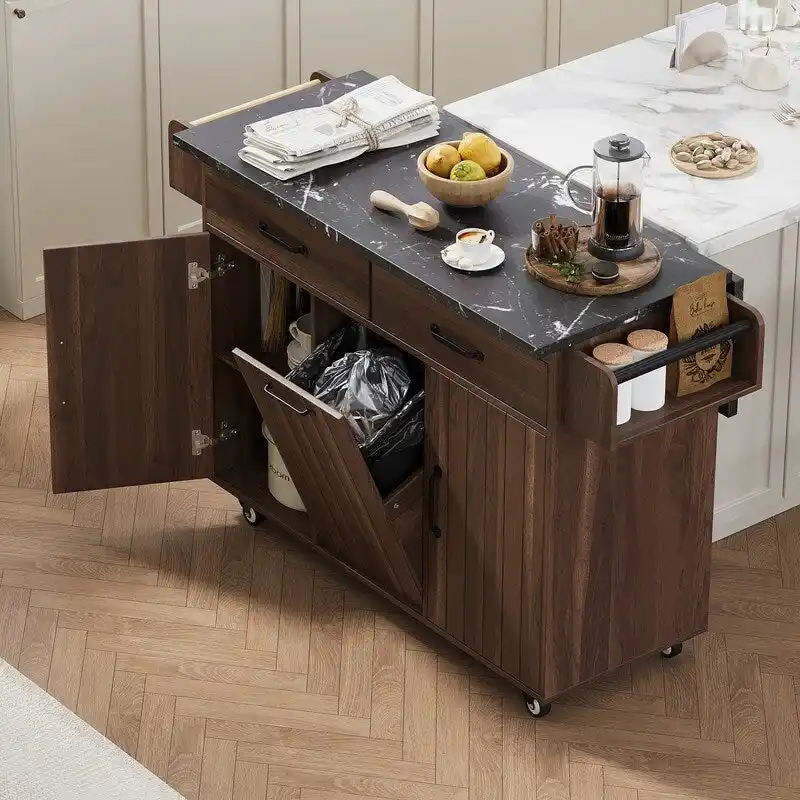 Rolling Kitchen Island with Trash Can, Kitchen Cart with Drop Leaf, Adjustable Shelf
