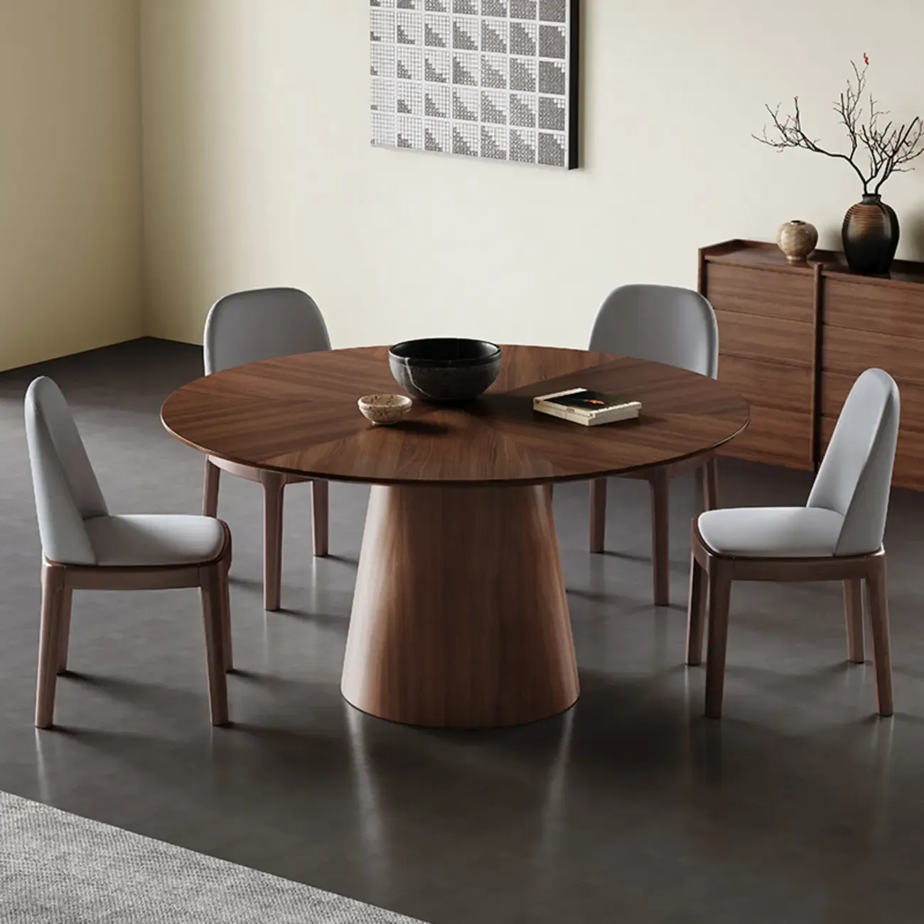 Modern Simple Round Walnut-Brown Wood Dining Table