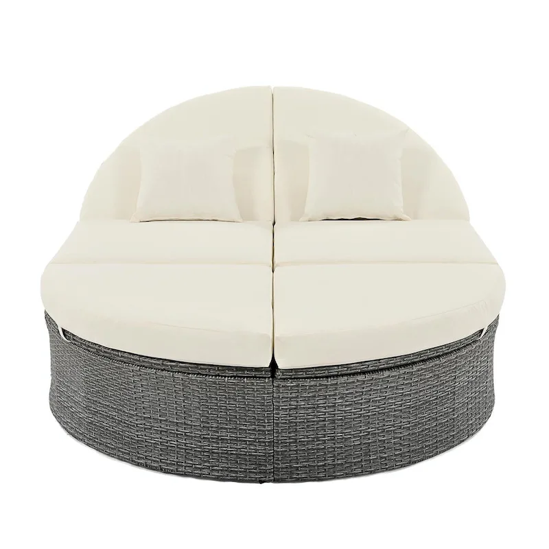 Rattan Patio Daybed with Cushions, Reclining Chaise Lounge, Foldable Trays