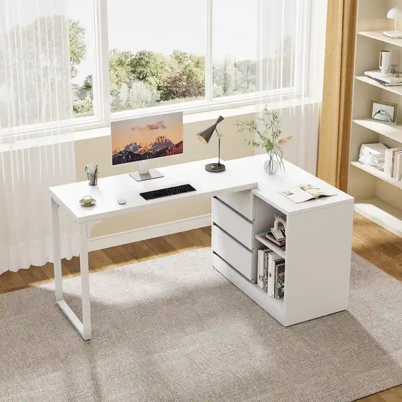 Versatile L-shaped White Computer Desk with Drawers and Shelves