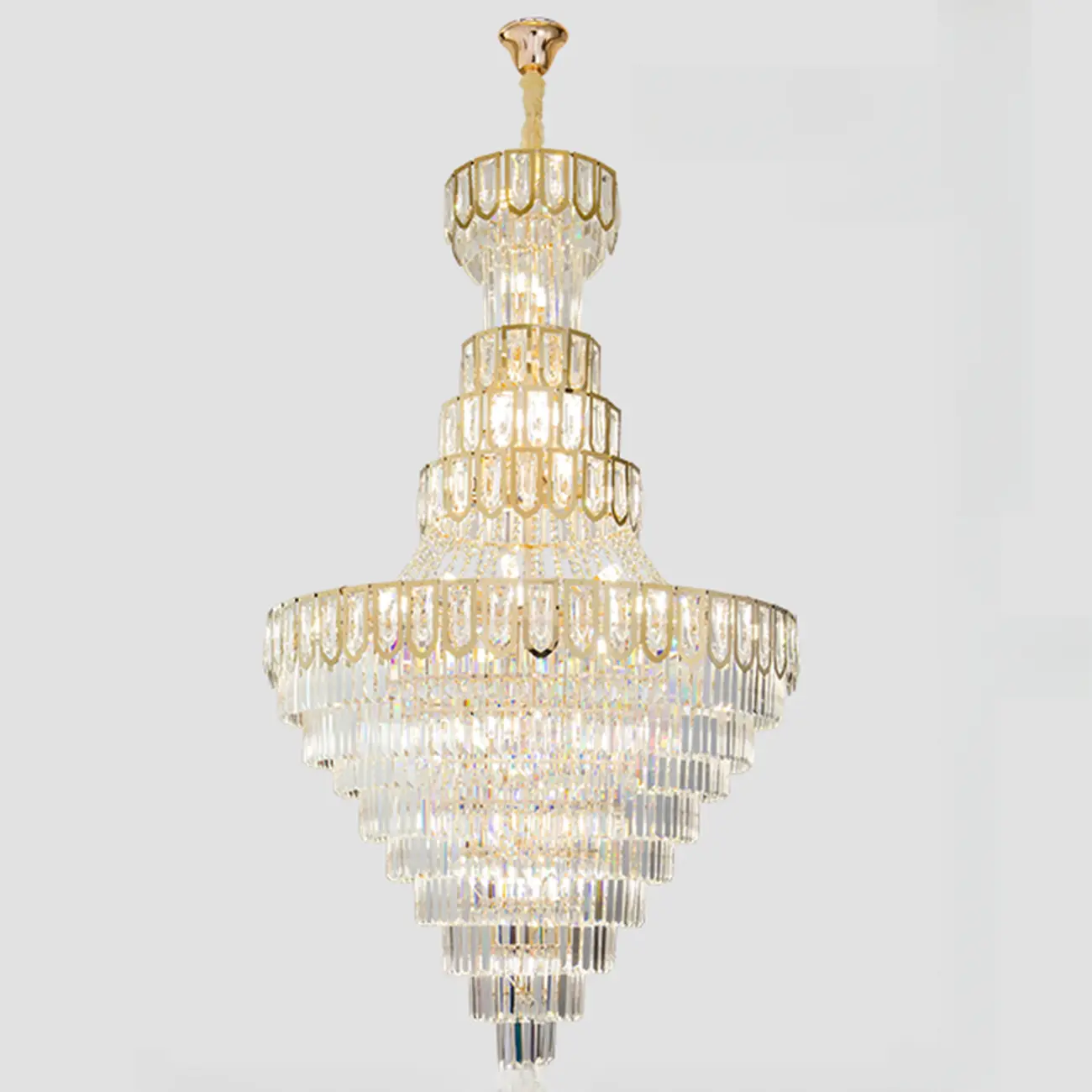 Luxury Adjustable Gold Tiered Crystal High Ceiling Chandelier