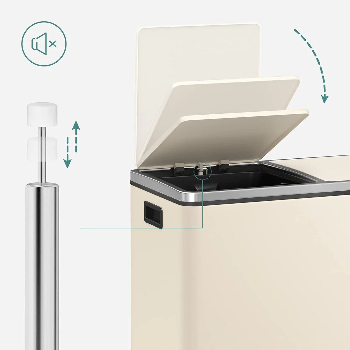 SONGMICS Dual Trash Can, 16 Gallon Stainless Steel Garbage Can, Almond