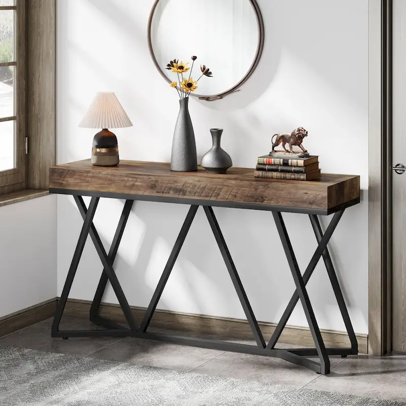 55 Inch Wood Console Table, Sofa Table Entryway Table with Unique Metal Legs