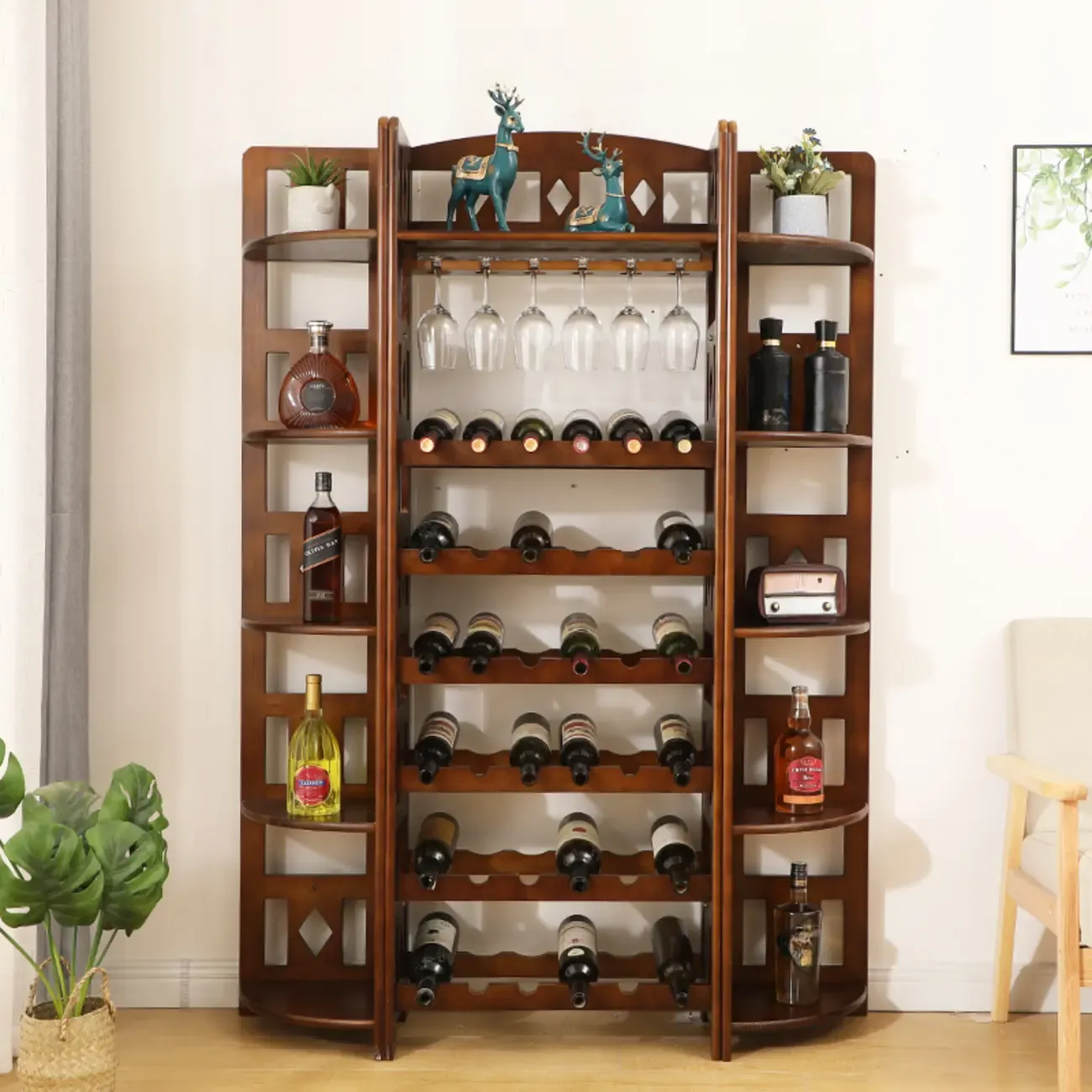 Free Standing Pine Wood Wine Racks with Bar Glass Holder Shelf