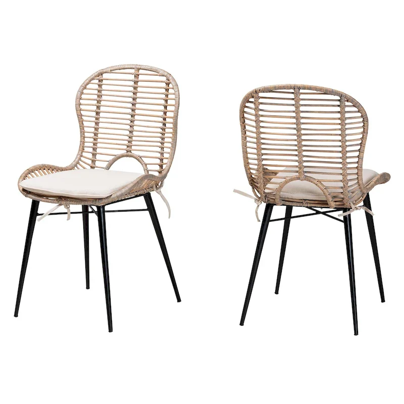 Modern Bohemian Rattan and Metal 2-Piece Dining Chair Set