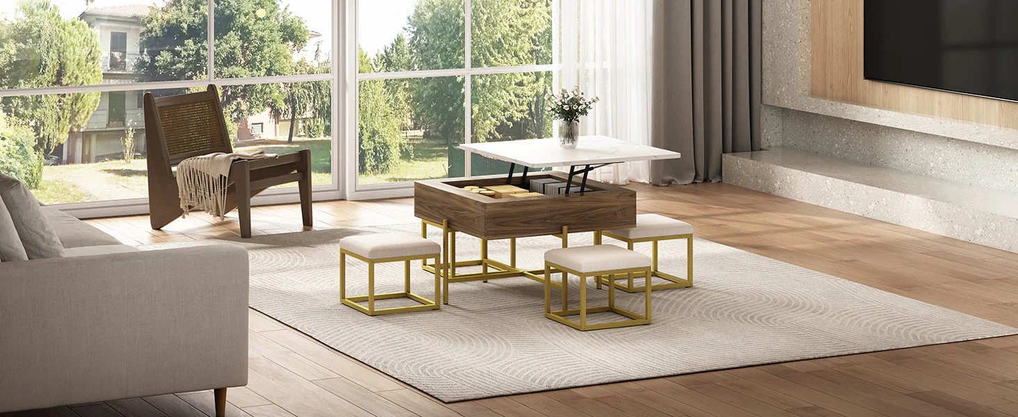 Walker Edison | Modern Square Lift-Top Coffee Table Set with 4 Ottomans