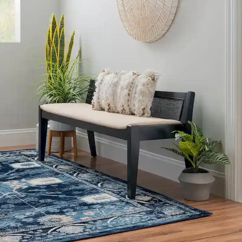 Solid Wood Cane Bench with Cushioned Seat