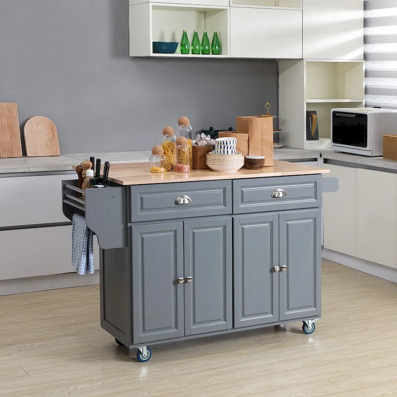Rolling Kitchen Island, Drop-Leaf, Rubberwood Top, 2 Drawers & 2 Cabinets, 4 Wheels, 57.5"W, Dark Grey