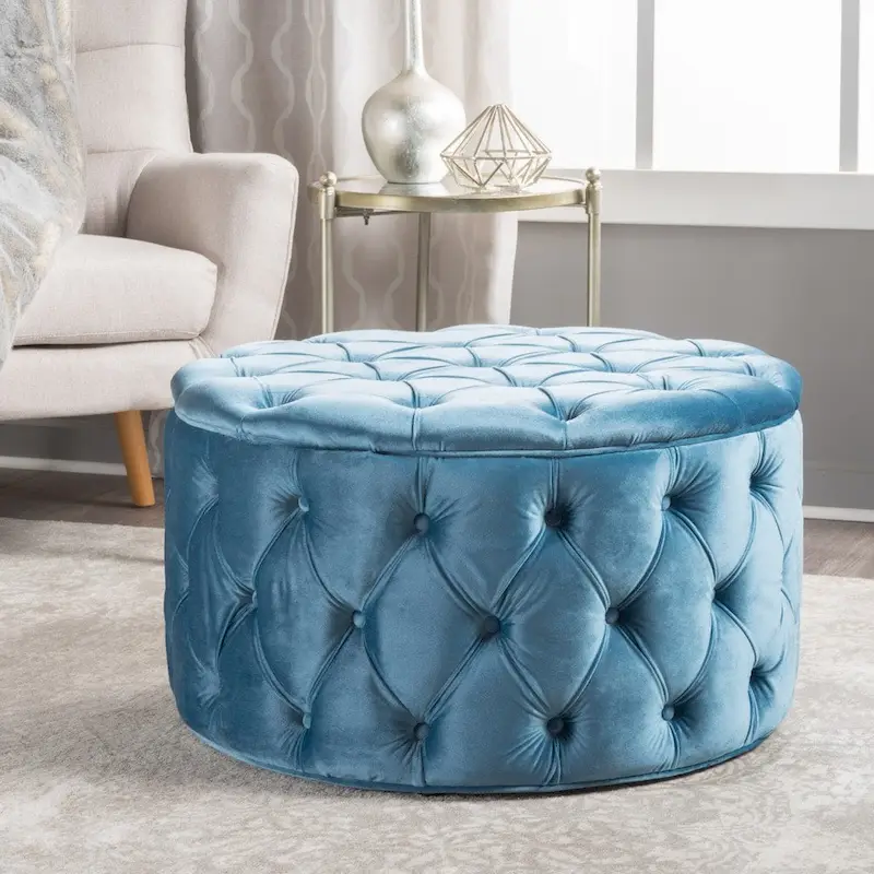 Zelfa Modern Glam Tufted Velvet Round Ottoman by Christopher Knight Home