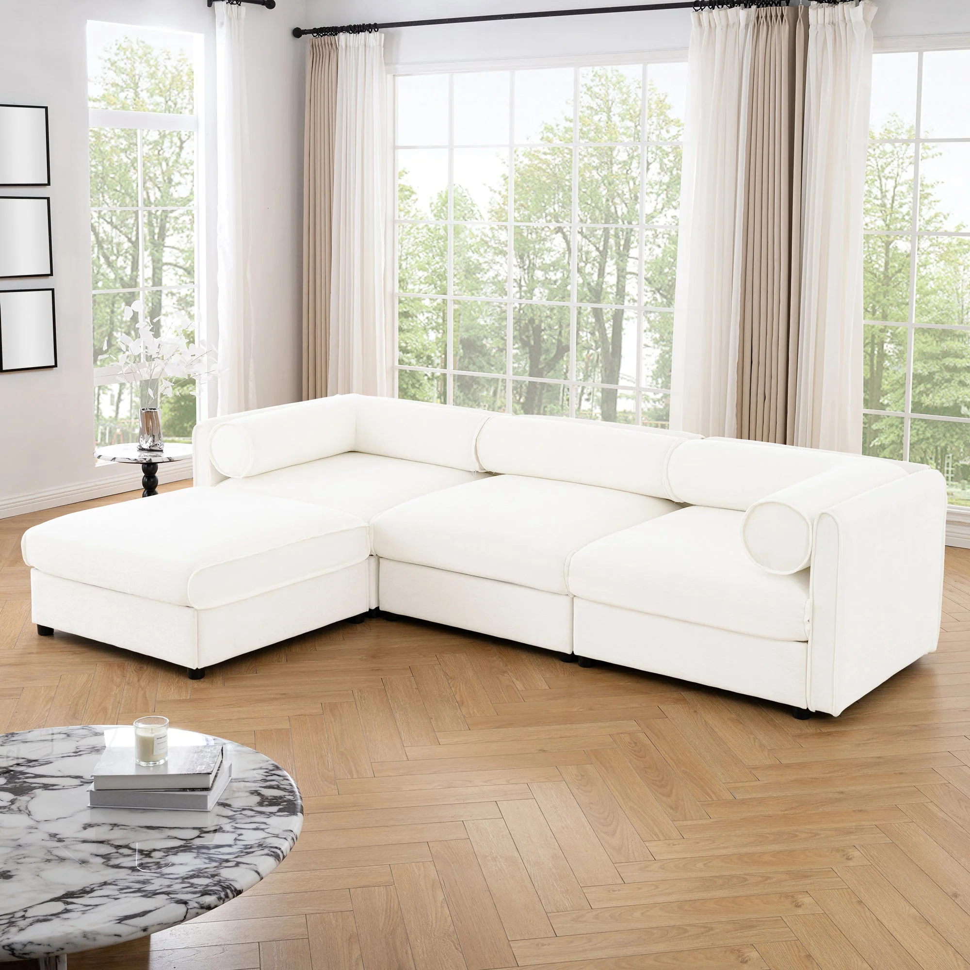 Walker Edison | Contemporary White Chenille L-Shaped Sofa with Storage and Ottoman
