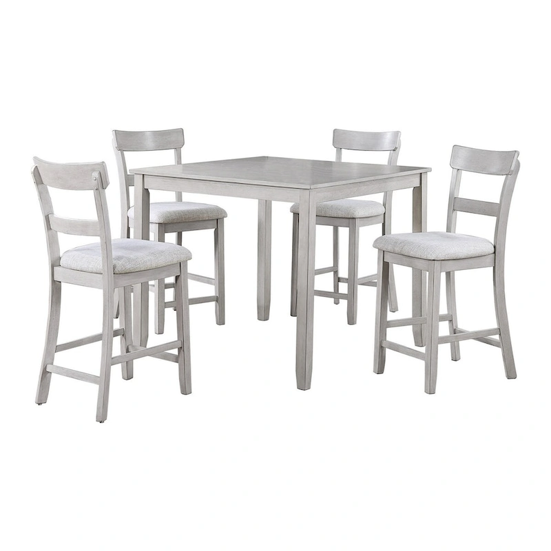 Cher 5 Piece Set Counter Height Dining Table, 4 Chairs, Gray Fabric, Wood