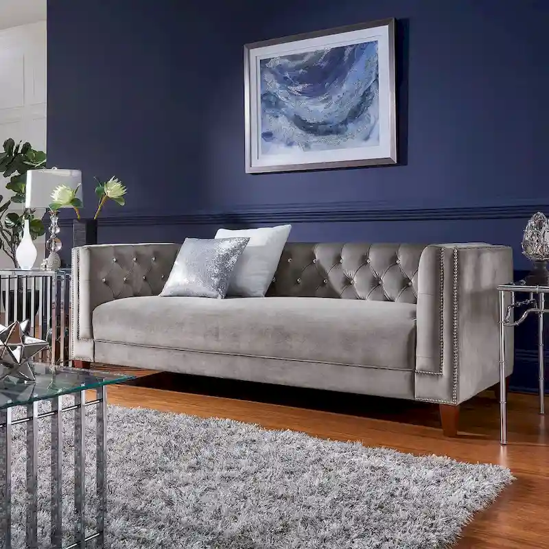 Grey Velvet Tufted Sofa and Loveseat with Nailhead Trim