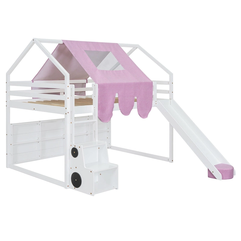 Full Loft Bed with Play Tent, House Design, Slide & Ladder