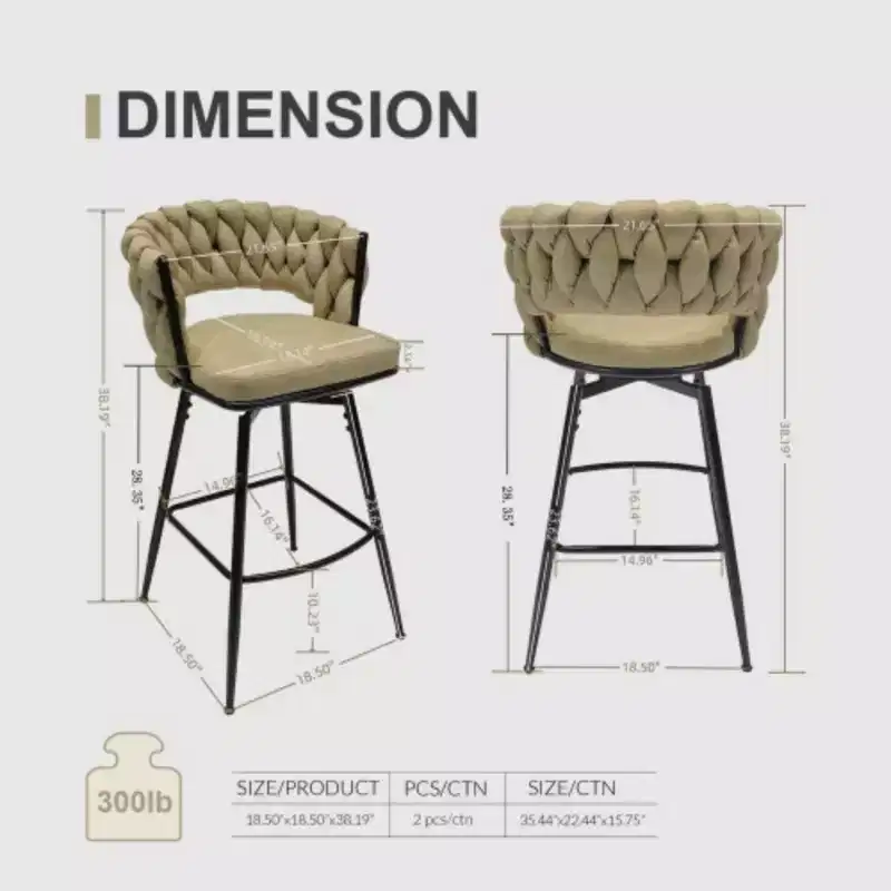 Back and Footrest Included, 2 Linen Woven Swivel Bar Stools Set, Non-Adjustable Kitchen Chairs
