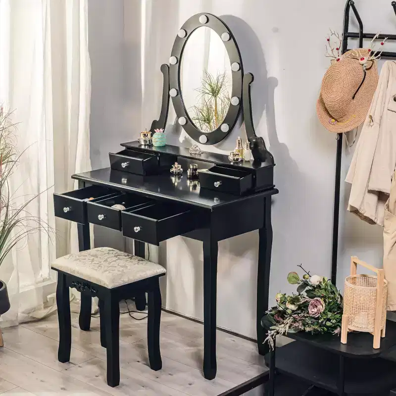 Modern Makeup Vanity, Girls Vanity Set with Lighted Mirror and Cushioned Stool