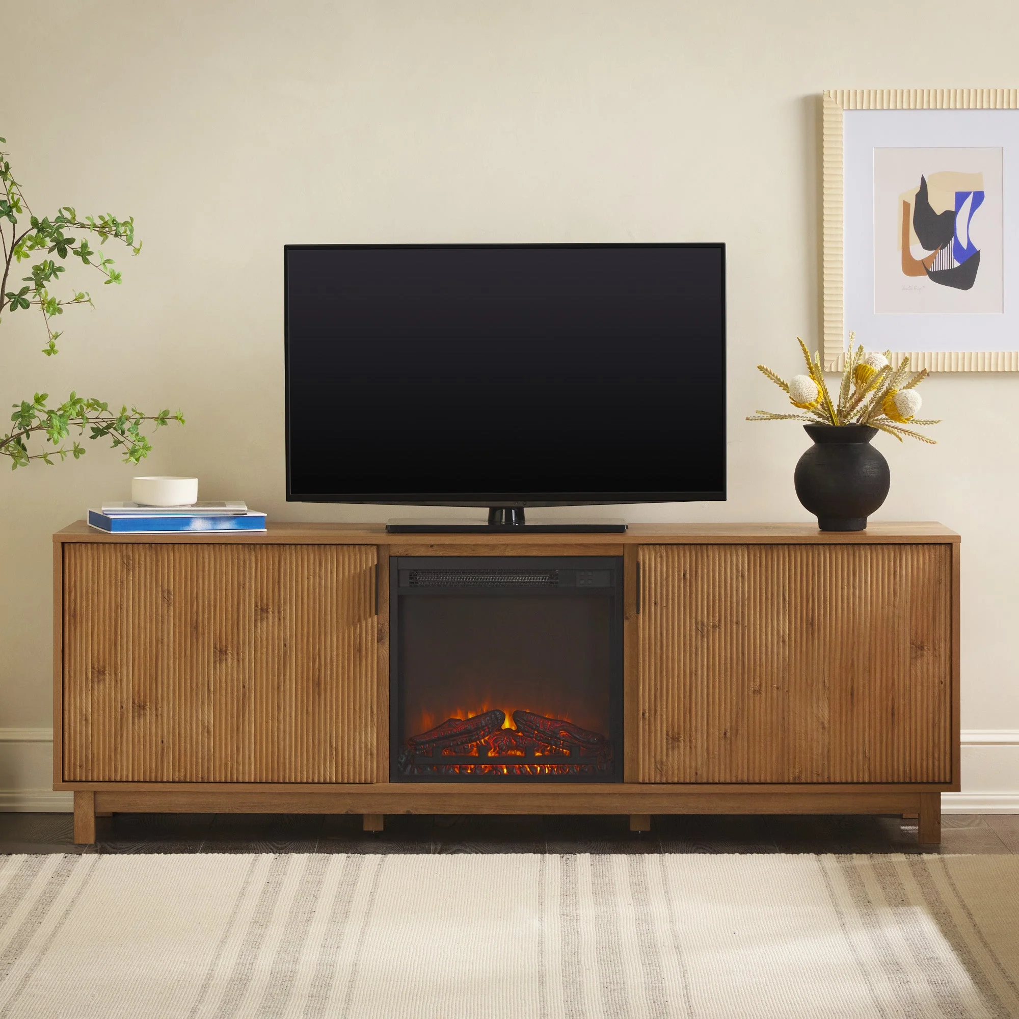 Reema Scandinavian 70 Modern Reeded TV Stand with Freestanding Electric Fireplace
