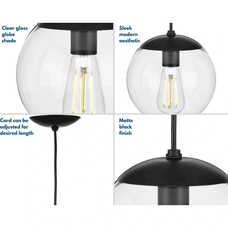 Atwell Collection 1-Light Clear Glass Matte Black Small Pendant - 8 in x 8 in x 8.75 in