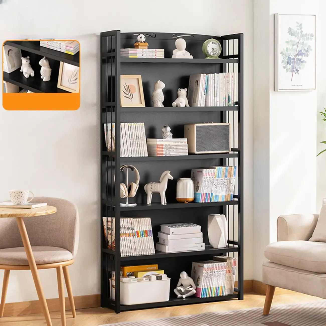Premium Bamboo Modern Black 5-Shelf Open Bookshelf