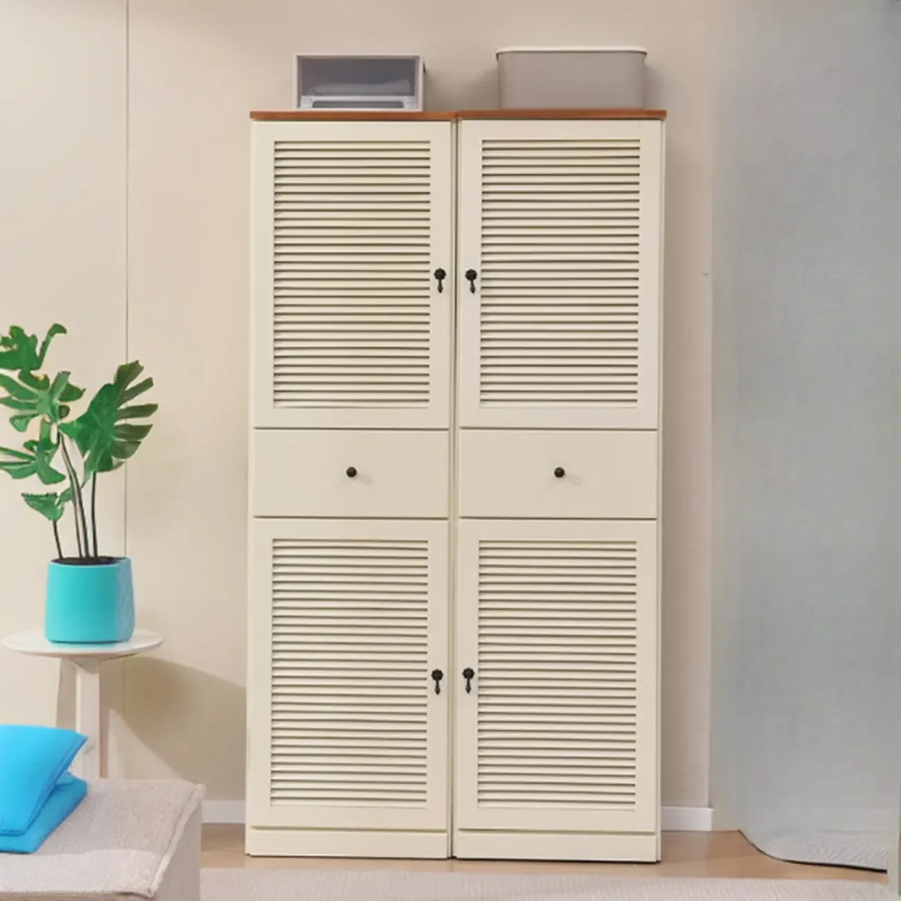 Nordic Tall Beige Solid Wood Shoe Cabinet for Entryway