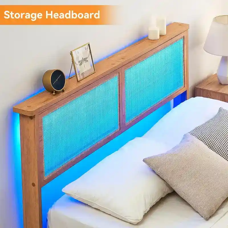 Bed Frame with Natural Rattan