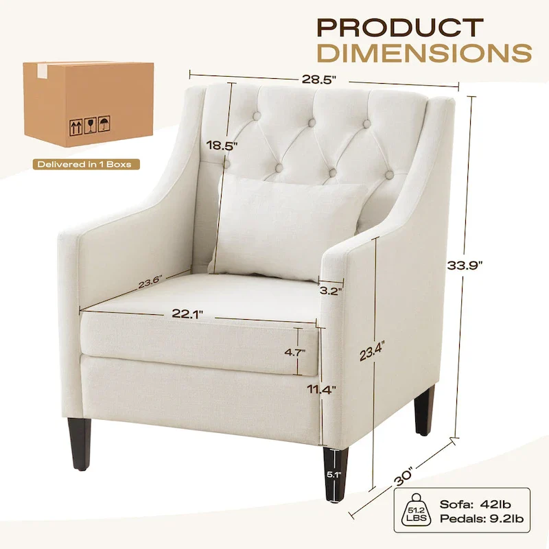 Beige Upholstered Tufted Accent Chair with Lumbar Pillow