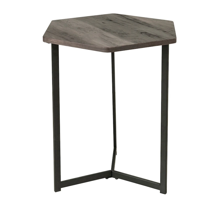 Dark Wood Finish Top Hexigon Side Table with Metal Base