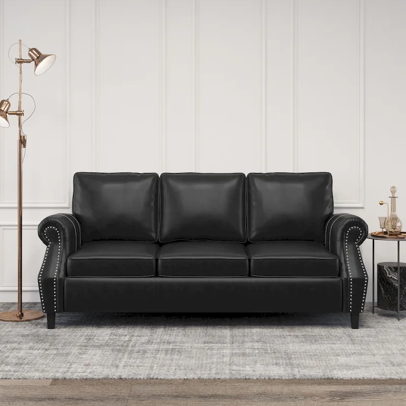 80 Modern Faux Leather 3-Seater Sofa with Birch Legs and Nailheads