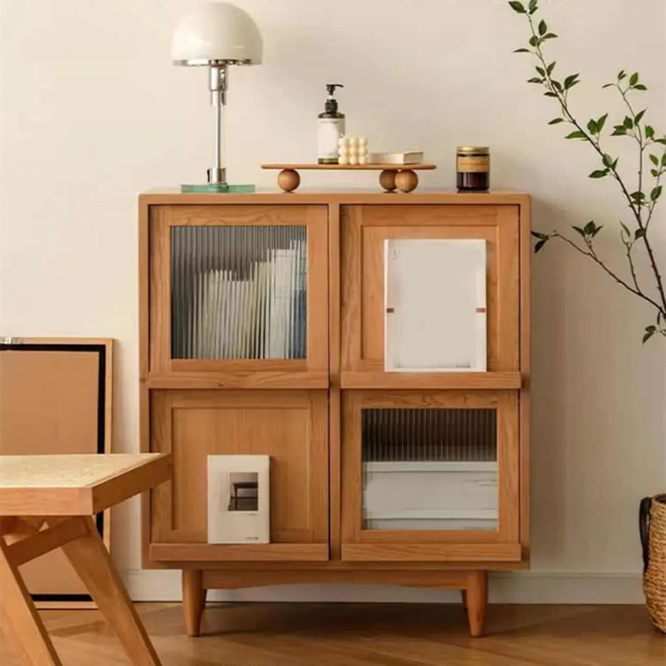 Brown Pine Wood Rectangle 4 Cabinet with Glass Doors