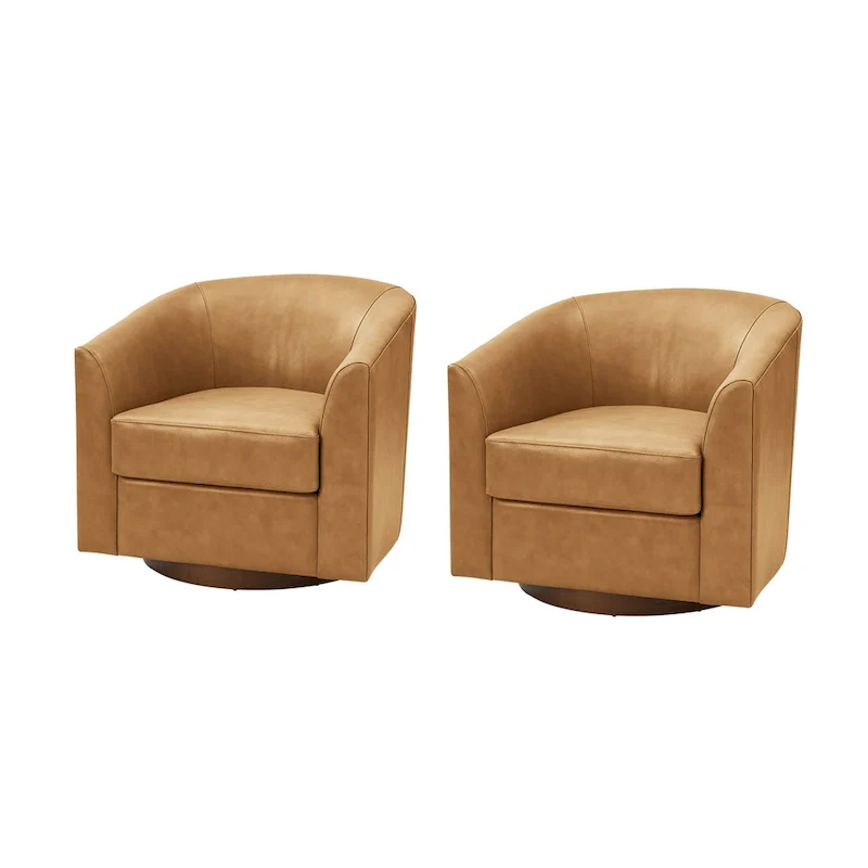 Althea Modern Genuine Leather Swivel Barrel Chair with Solid Wood Base Set of 2 By HULALA HOME