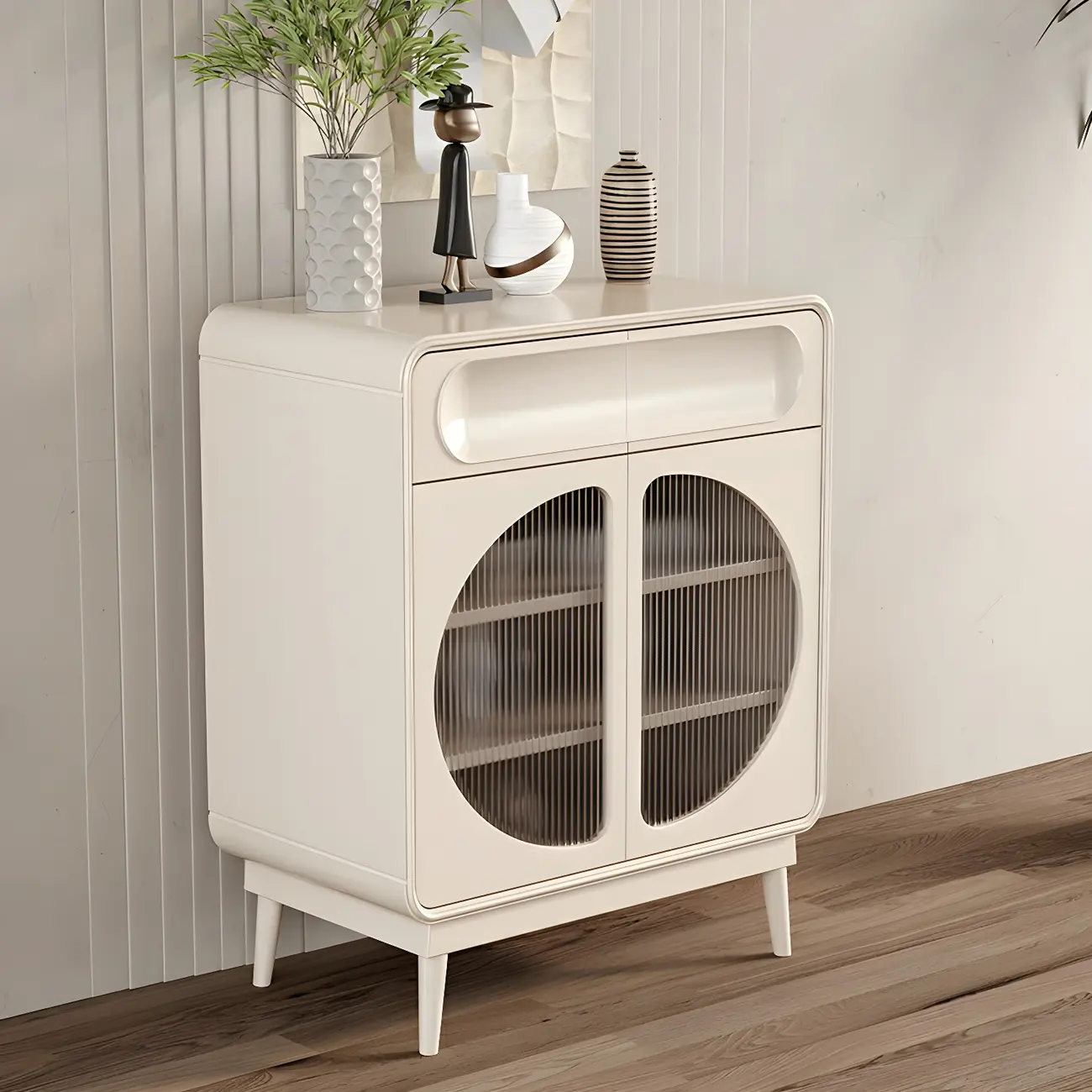 Modern White Wooden Glass No Handle Storage Cabinet