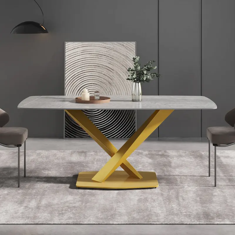 71  Modern Dining Table with Slate Stone Top and Metal Legs, Marble Dining Table