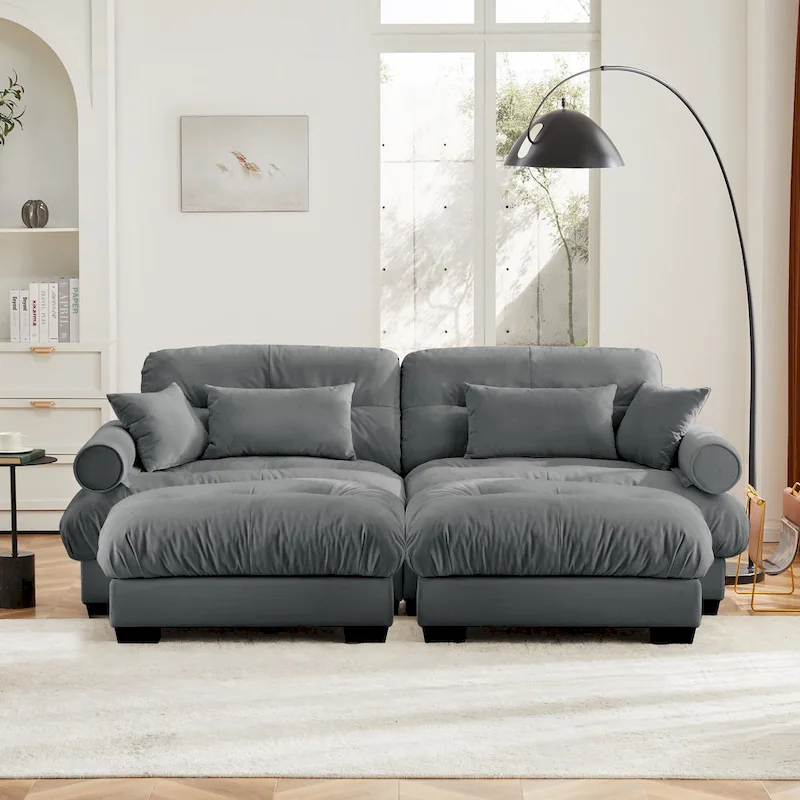 Velvet Fabric Loveseat Couch Modular Sectional Sofa with 2 Ottomans