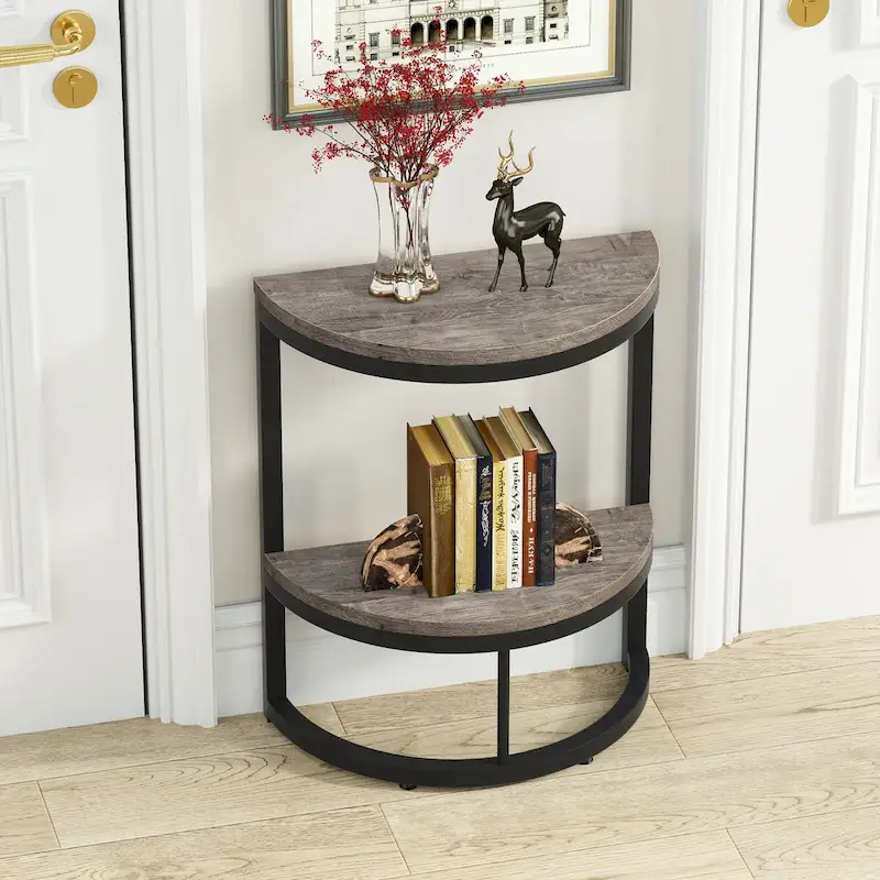 2-Tier Half Round End Table with Storage for Sofa, Living Room