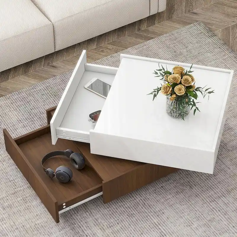 Square 360Rotating Coffee Table with 2 Drawers